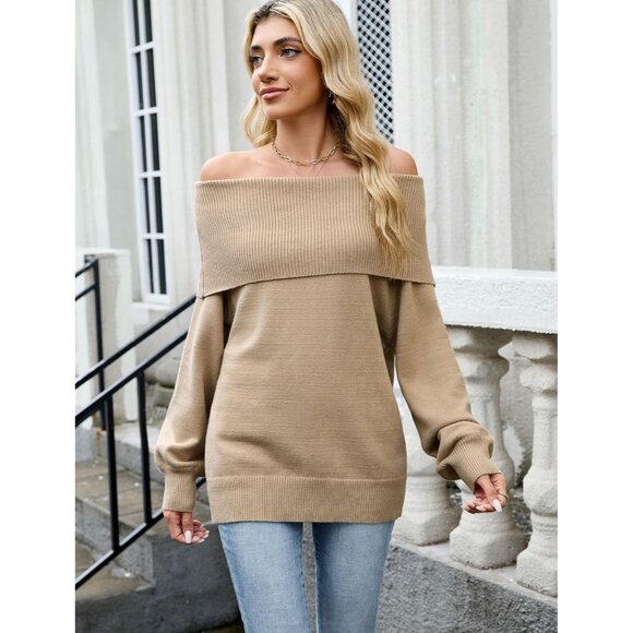 Women's Oversized Off Shoulder Sweater Knit Top Long Lantern Sleeves Fall - Picture 3 of 6